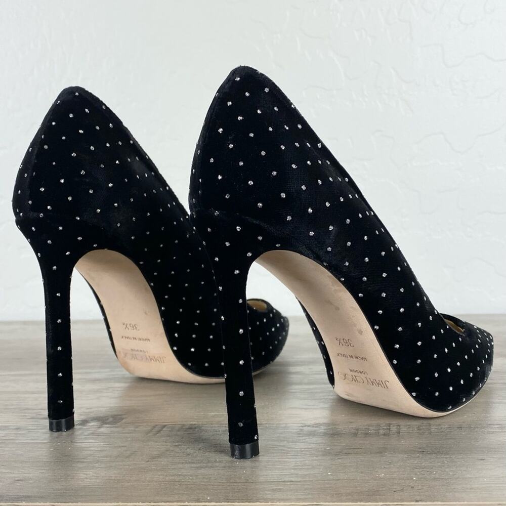 Jimmy Choo Romy 100 Silver Glitter Spotted BlackVelvet Pointy Toe Pumps Sz 6.5 - Picture 4 of 14